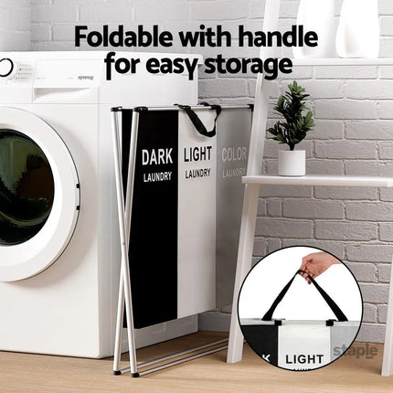 Artiss Laundry Basket Hamper Large Foldable Washing Clothes Storage 3 Sections - Home & Garden > Storage > Clothing &