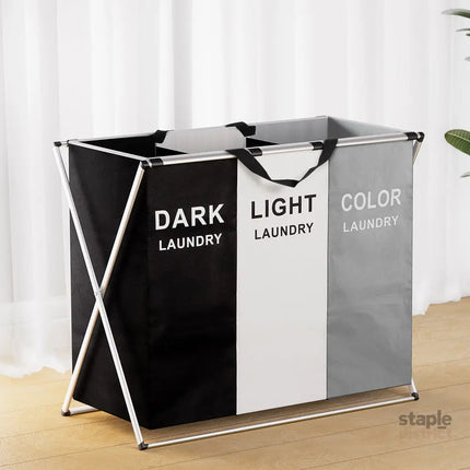 Artiss Laundry Basket Hamper Large Foldable Washing Clothes Storage 3 Sections - Home & Garden > Storage > Clothing &