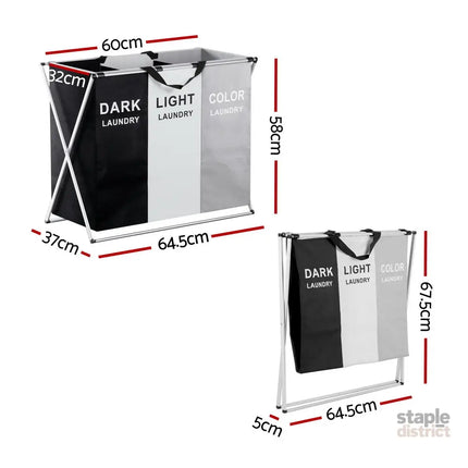 Artiss Laundry Basket Hamper Large Foldable Washing Clothes Storage 3 Sections - Home & Garden > Storage > Clothing &
