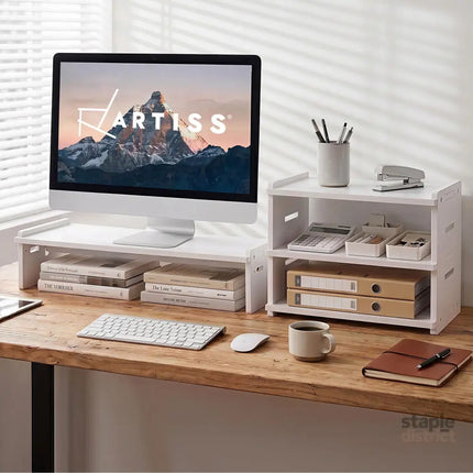 Artiss Monitor Stand and 3-Tier Desk Organiser 2-in-1 Modular Computer Monitor Riser PVC Desktop Shelf Holds 20kg for
