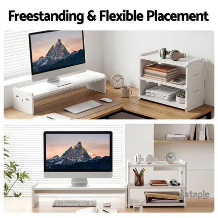 Artiss Monitor Stand and 3-Tier Desk Organiser 2-in-1 Modular Computer Monitor Riser PVC Desktop Shelf Holds 20kg for