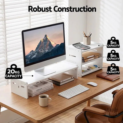 Artiss Monitor Stand and 3-Tier Desk Organiser 2-in-1 Modular Computer Monitor Riser PVC Desktop Shelf Holds 20kg for