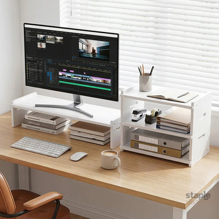 Artiss Monitor Stand and 3-Tier Desk Organiser 2-in-1 Modular Computer Monitor Riser PVC Desktop Shelf Holds 20kg for