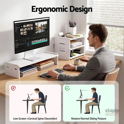 Artiss Monitor Stand and 3-Tier Desk Organiser 2-in-1 Modular Computer Monitor Riser PVC Desktop Shelf Holds 20kg for