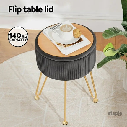 Artiss Ottoman Storage Foot Stool Vanity Velvet Round Grey - Furniture > Living Room > Ottomans & Footstools