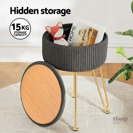 Artiss Ottoman Storage Foot Stool Vanity Velvet Round Grey - Furniture > Living Room > Ottomans & Footstools