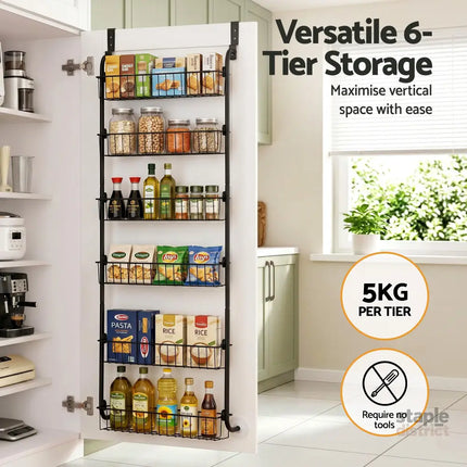 Artiss Over Door Storage Hanger Pantry 6-Tier Metal Hook Hanging Organiser Black - Tools > Tools Storage > Wall Storage