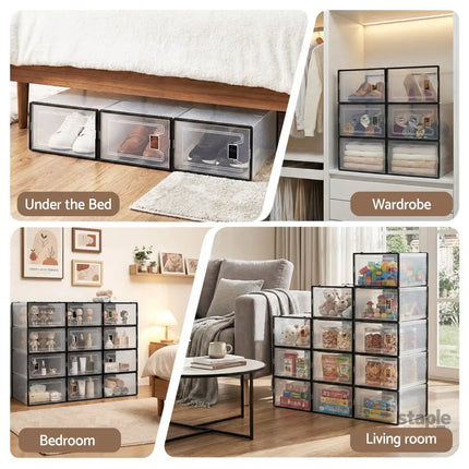 Artiss Shoe Storage Box DIY Set of 12 Stackable Black - Furniture > Living Room > Shoe Storage