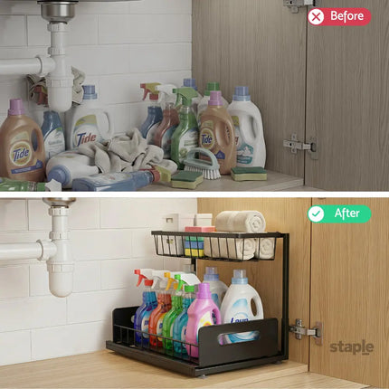 Artiss Under Sink Organizer Storage L Shape 1 Pull Out Drawers Kitchen Cabinet Shelf - Furniture > Bathroom > Bathroom