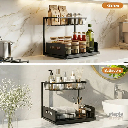 Artiss Under Sink Organizer Storage L Shape 1 Pull Out Drawers Kitchen Cabinet Shelf - Furniture > Bathroom > Bathroom
