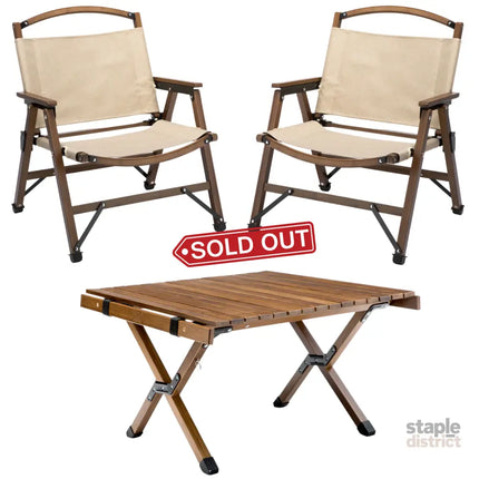 Bamboo Foldable Camping Table + 2 Chairs Waterproof Wood Wooden Travel Set Kit - Outdoor Recreation > Camping > Camp
