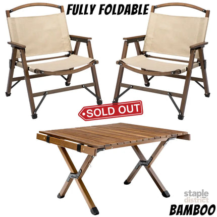 Bamboo Foldable Camping Table + 2 Chairs Waterproof Wood Wooden Travel Set Kit - Outdoor Recreation > Camping > Camp
