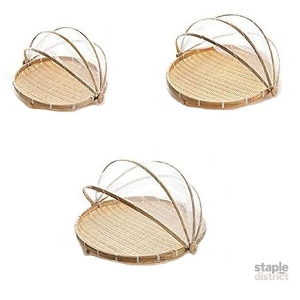 Bamboo Storage Basket with Mesh Cover for Fruit Vegetables Food Buns Kitchen - 42CM - Home & Garden > Kitchenware >