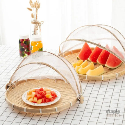 Bamboo Storage Basket with Mesh Cover for Fruit Vegetables Food Buns Kitchen - 42CM - Home & Garden > Kitchenware >
