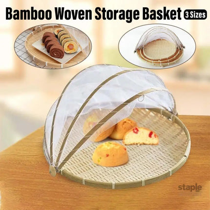 Bamboo Storage Basket with Mesh Cover for Fruit Vegetables Food Buns Kitchen - 42CM - Home & Garden > Kitchenware >