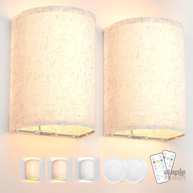 Battery Operated Wall Lights,2 Pack Wall Light Decor with Remote Control,3 Colors Dimmable Fabric Shade Wall