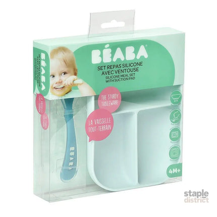 Beaba Silicone Suction Divided Plate & Spoon - Blue-2006733439155441666