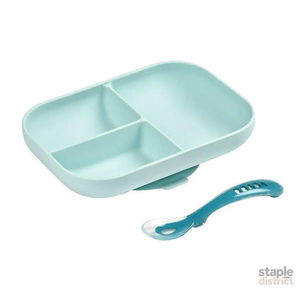 Beaba Silicone Suction Divided Plate & Spoon - Blue-2006733439155441664