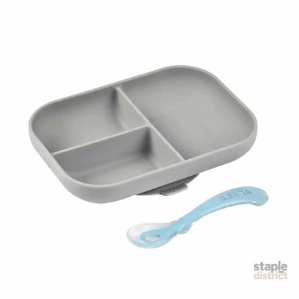 Beaba Silicone Suction Divided Plate & Spoon - Grey-2006733439470014464