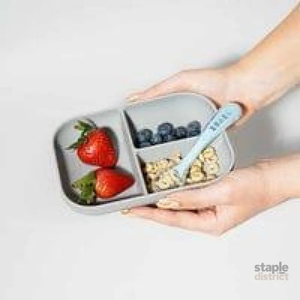 Beaba Silicone Suction Divided Plate & Spoon - Grey-2006733439470014466