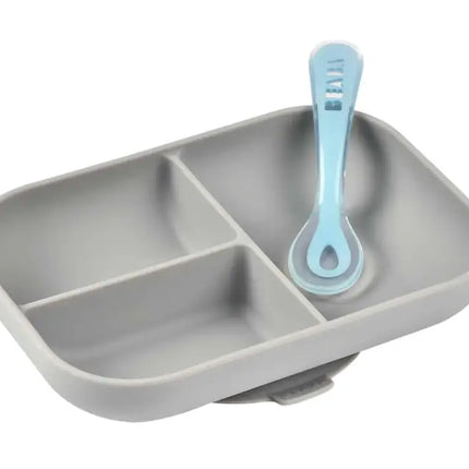 Beaba Silicone Suction Divided Plate & Spoon - Grey-2006733439470014465