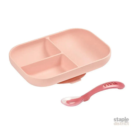 Beaba Silicone Suction Divided Plate & Spoon - Pink-2006733439327408128