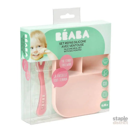 Beaba Silicone Suction Divided Plate & Spoon - Pink-2006733439327408130