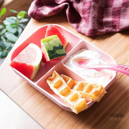 Beaba Silicone Suction Divided Plate & Spoon - Pink-2006733439327408131