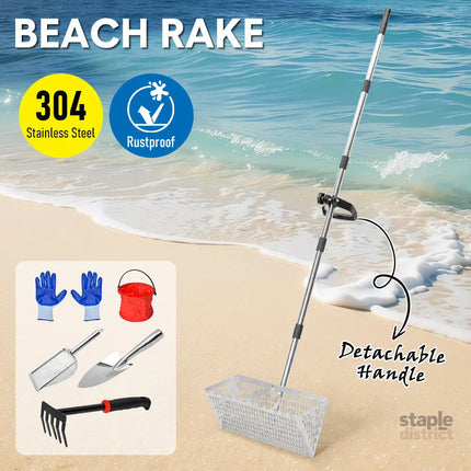 Beach Rake Stainless Steel Sand Flea Rake 140cm Long Detachable Handle and Shark Tooth Wide Sifter for Easy Sand Flea
