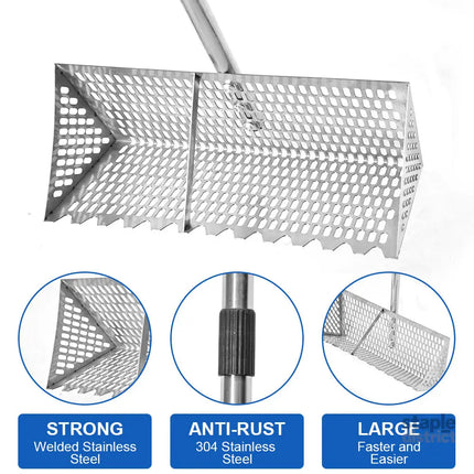 Beach Rake Stainless Steel Sand Flea Rake 140cm Long Detachable Handle and Shark Tooth Wide Sifter for Easy Sand Flea