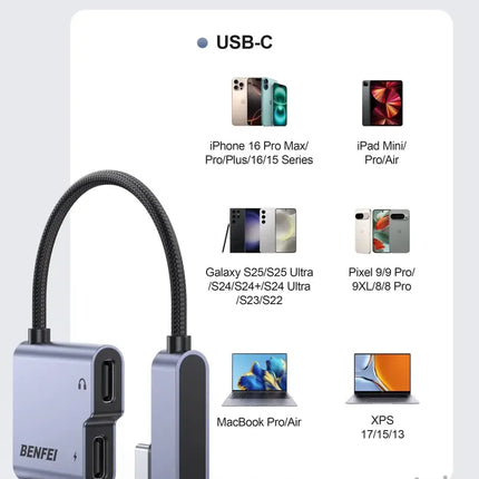 BENFEI 000413GY USB-C to USB-C Audio Headphone + Data Transfer and Charging Adapter - Electronics > Mobile Accessories