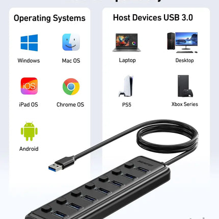 BENFEI 000425BK USB3.0 to 7 Port USB3.0 HUB (Black) - Electronics > Computers & Tablets > Desktops & Accessories