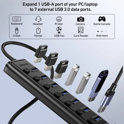 BENFEI 000425BK USB3.0 to 7 Port USB3.0 HUB (Black) - Electronics > Computers & Tablets > Desktops & Accessories