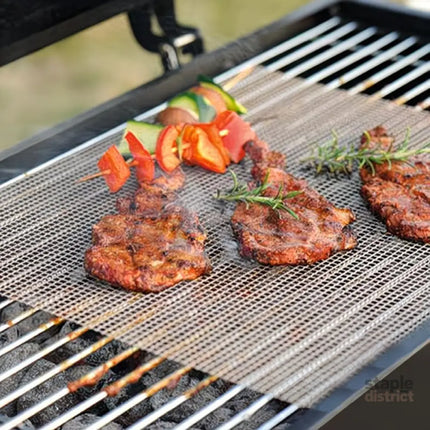 Black 3-Pack Premium Non-Stick PTFE Grill Mesh Mats - Reusable easy-to-clean round wire mesh mats perfect for outdoor