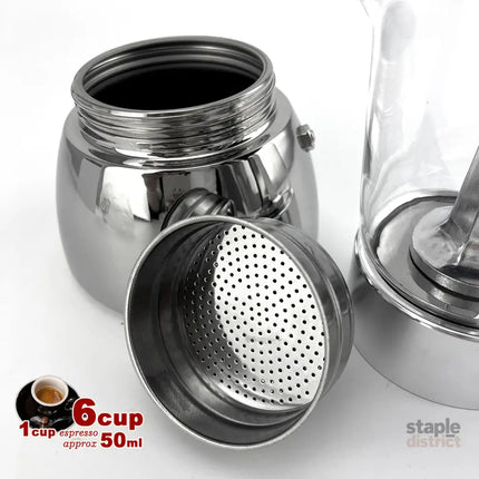 Borosilicate Glass Stainless Steel Moka Pot Coffee Maker Italian Espresso 6Cups - Appliances > Kitchen Appliances >