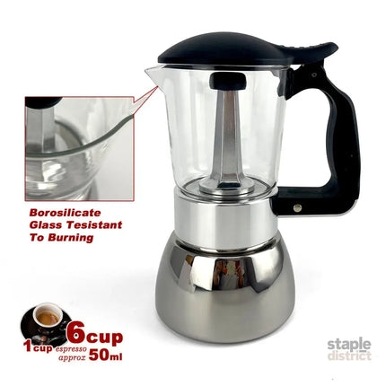 Borosilicate Glass Stainless Steel Moka Pot Coffee Maker Italian Espresso 6Cups - Appliances > Kitchen Appliances >