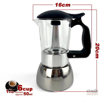 Borosilicate Glass Stainless Steel Moka Pot Coffee Maker Italian Espresso 6Cups - Appliances > Kitchen Appliances >