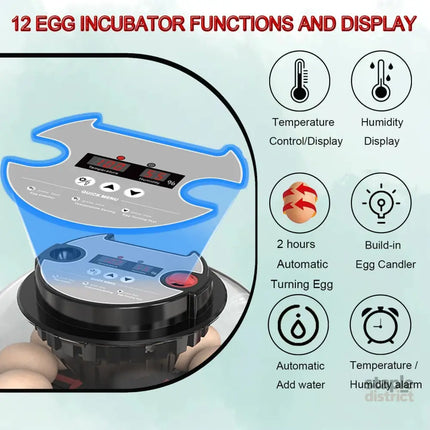 CARLA HOME 12 Egg Incubator with Automatic Turning, LED Display, Humidity & Temperature Control, Auto Water System & Built-in Egg Candler for Chicken, Duck, Quail, Goose-2050057511943409667