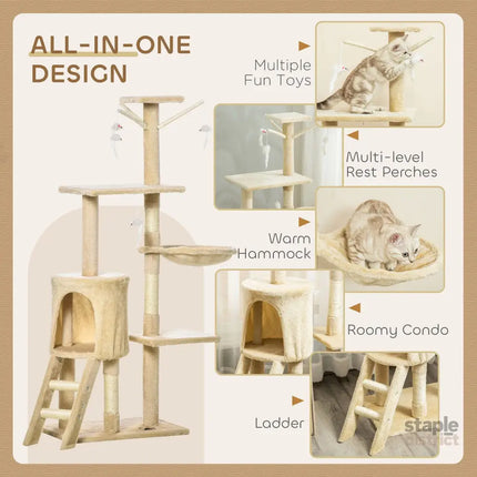 CARLA HOME 134cm Cat Tree for Indoor Cats with Hammock, Plush Perch & Sisal Scratching Posts for Kittens & Adult Cats (Beige)-2050057517232427014