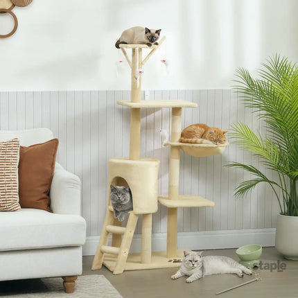 CARLA HOME 134cm Cat Tree for Indoor Cats with Hammock, Plush Perch & Sisal Scratching Posts for Kittens & Adult Cats (Beige)-2050057517232427009