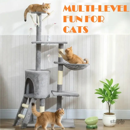 CARLA HOME 134cm Cat Tree for Indoor Cats with Hammock, Plush Perch & Sisal Scratching Posts for Kittens & Adult Cats (Light Grey)-2050057517026906116