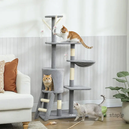 CARLA HOME 134cm Cat Tree for Indoor Cats with Hammock, Plush Perch & Sisal Scratching Posts for Kittens & Adult Cats (Light Grey)-2050057517026906113