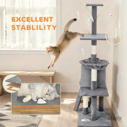 CARLA HOME 134cm Cat Tree for Indoor Cats with Hammock, Plush Perch & Sisal Scratching Posts for Kittens & Adult Cats (Light Grey)-2050057517026906119