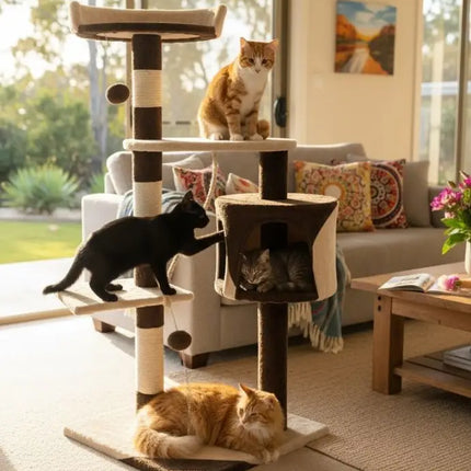 CARLA HOME 140cm Cat Tree for Indoor Cats with Plush Perch, Sisal Scratching Posts & Condo for Kittens & Adult Cats (Beige)-2050057517681217537
