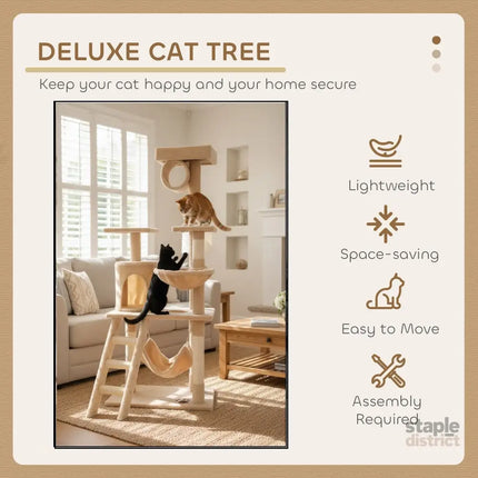 CARLA HOME 141cm Cat Tree Tower for Indoor Cats with Plush Perch, Ladder, Sisal Scratching Posts, Hammock & Condo for Kittens & Adult Cats (Beige)-2050057517890932739