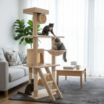 CARLA HOME 141cm Cat Tree Tower for Indoor Cats with Plush Perch, Ladder, Sisal Scratching Posts, Hammock & Condo for Kittens & Adult Cats (Beige)-2050057517890932737