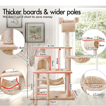 CARLA HOME 141cm Cat Tree Tower for Indoor Cats with Plush Perch, Ladder, Sisal Scratching Posts, Hammock & Condo for Kittens & Adult Cats (Beige)-2050057517890932738