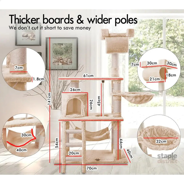 CARLA HOME 141cm Cat Tree Tower for Indoor Cats with Plush Perch, Ladder, Sisal Scratching Posts, Hammock & Condo for Kittens & Adult Cats (Beige)-2050057517890932738