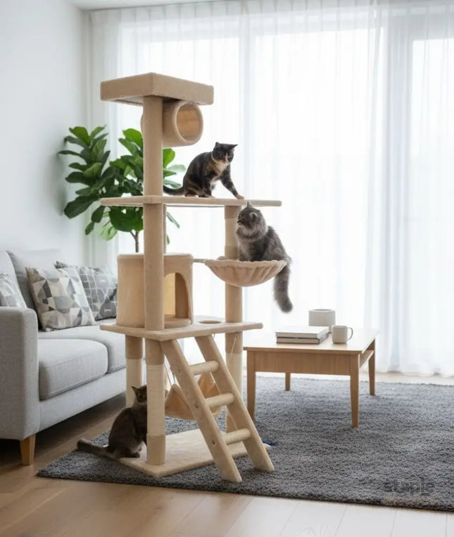CARLA HOME 141cm Cat Tree Tower for Indoor Cats with Plush Perch, Ladder, Sisal Scratching Posts, Hammock & Condo for Kittens & Adult Cats (Beige)-2050057517890932737