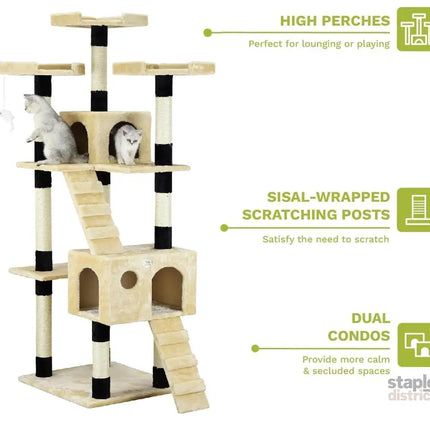 CARLA HOME 180cm Cat Tree Tower for Indoor Cats with Dual Condos, Plush Perches, Sisal Scratching Posts & Ramps for Kittens & Adult Cats (Beige)-2050057518314557444